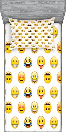 Ambesonne Emoji - Juego de sábanas bajeras y fundas de almohada, caras divertidas simples y modernas con estampado de expresiones de feliz sorpresa