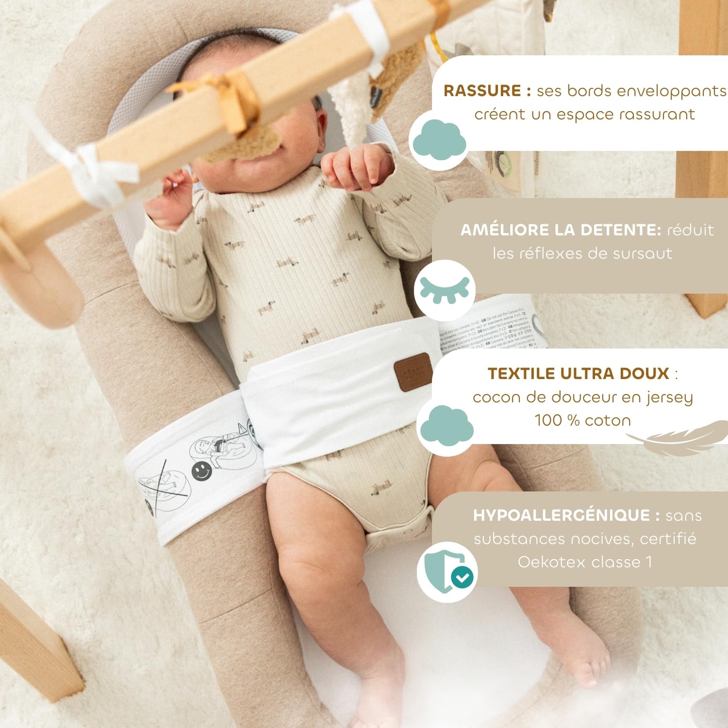 BÉABA, Cocoony Réducteur de Lit Bébé, Dès la Naissance, Cocon Apaisant et Respirant, Ceinture de Sécurité, Maintien sur le Dos, Textile Ultra Doux 100% Coton, Déhoussable, Lavable, Certifié Oeko-Tex