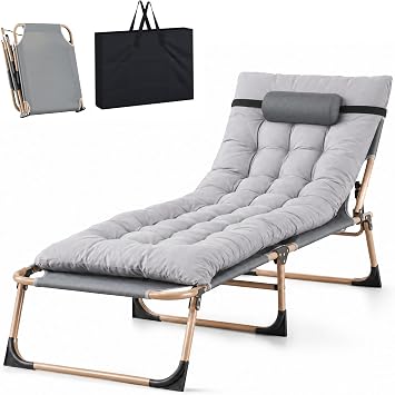 LSLIFE Folding Sun Loungers Recliners with Cushion, Adjustable Patio Folding Outdoor Sun Beds Reclining Chairs Perfect for Sunbathing, Camping, Pool, Beach, Patio Grey