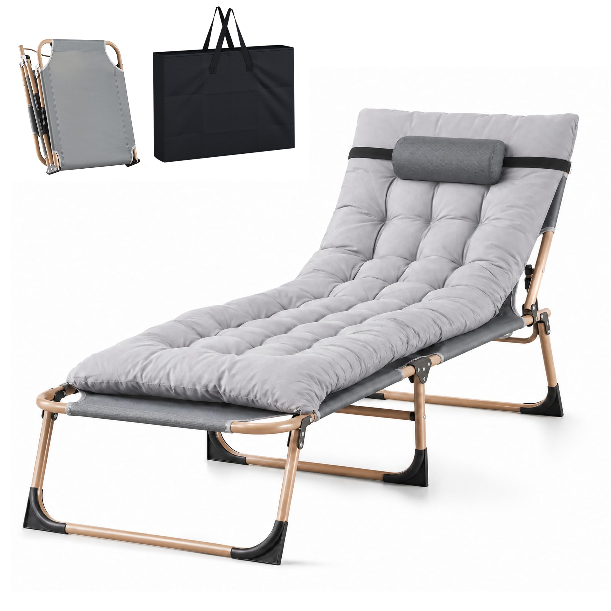 LSLIFE Folding Sun Loungers Recliners with Cushion, Adjustable Patio Folding Outdoor Sun Beds Reclining Chairs Perfect for Sunbathing, Camping, Pool, Beach, Patio (Grey)