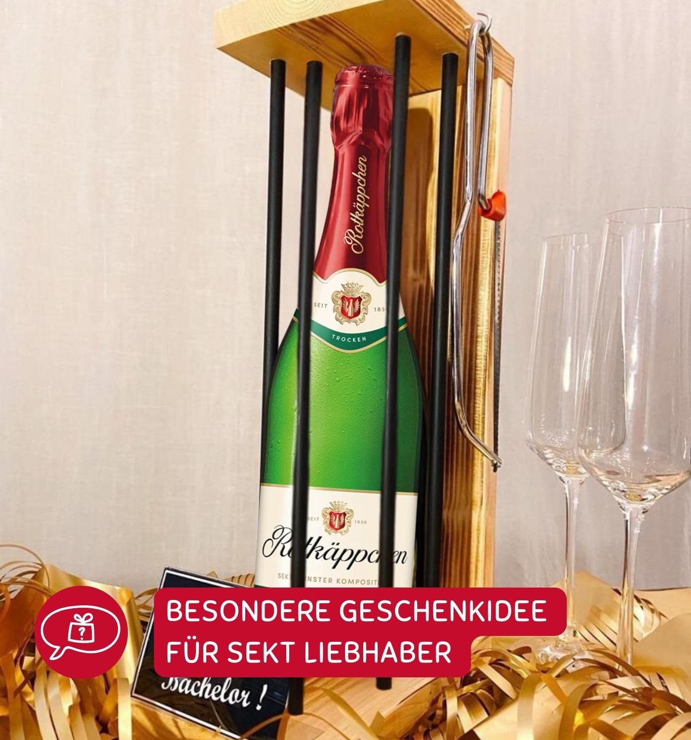 Personalisierte Geschenke für Männer Frauen Geschenkidee - Eiserne Reserve Gitterkäfig Rotkäppchen Sekt (1 x 0.75 l) incl. Notsäge - Papa Mama Geburtstag Hochzeit
