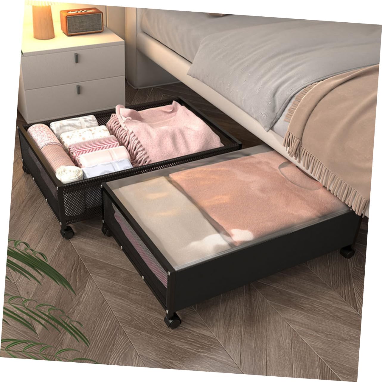 Under Bed Storage Container with Wheels Large Capacity Multifunctional Clothes and Organizer Box Dustproof Bedroom Storage Bin Black Transparent Lid
