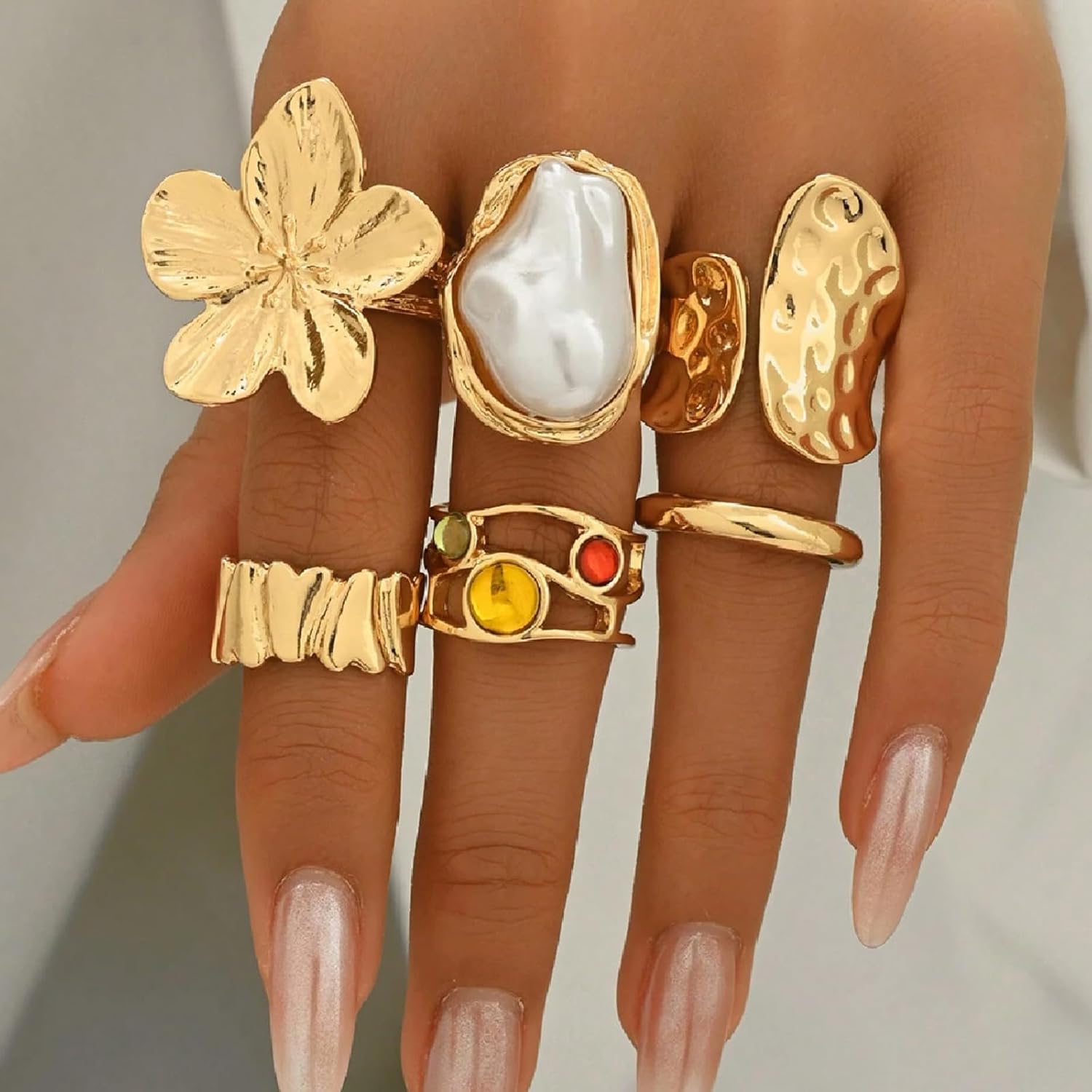 HUASAI Chunky Gold Rings for Women Christmas Gold Flower Chunky Rings Pearl Stackable Statement Butterfly Thumb Retro Ring Set Trendy Christmas Jewelry Gifts - Image 3