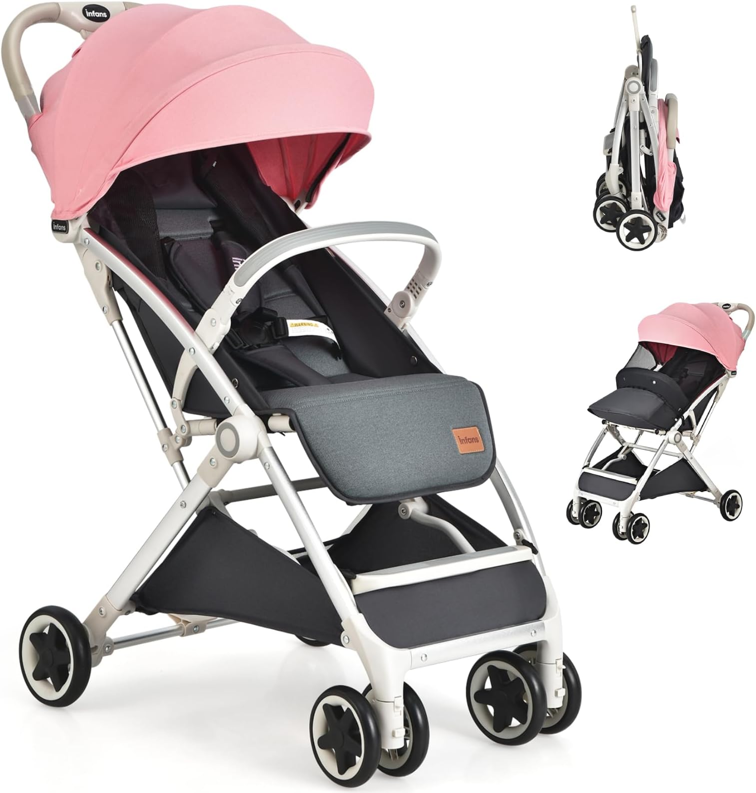 Pink Baby Stroller, Foldable Pushchair with Adjustable Canopy, Backrest & Storage Basket, 5-Point Harness, 0-3 Years