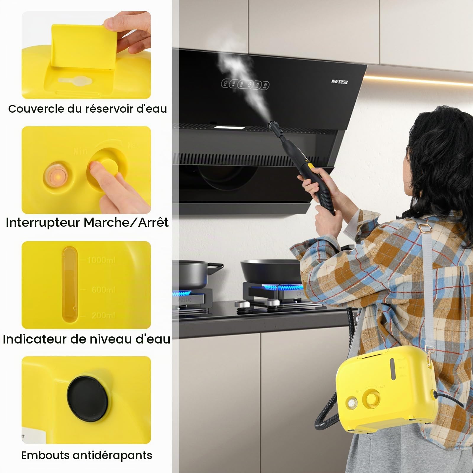 COSTWAY Nettoyeur Vapeur Portatif 1600W avec 11 Accessoires, Balai Vapeur Durée d'Utilisation Illimitée Réservoir d'Eau 1L, Nettoyant Vapeur Chauffage en 10 s pour Sol Canapé Tapis Rideaux (Jaune)