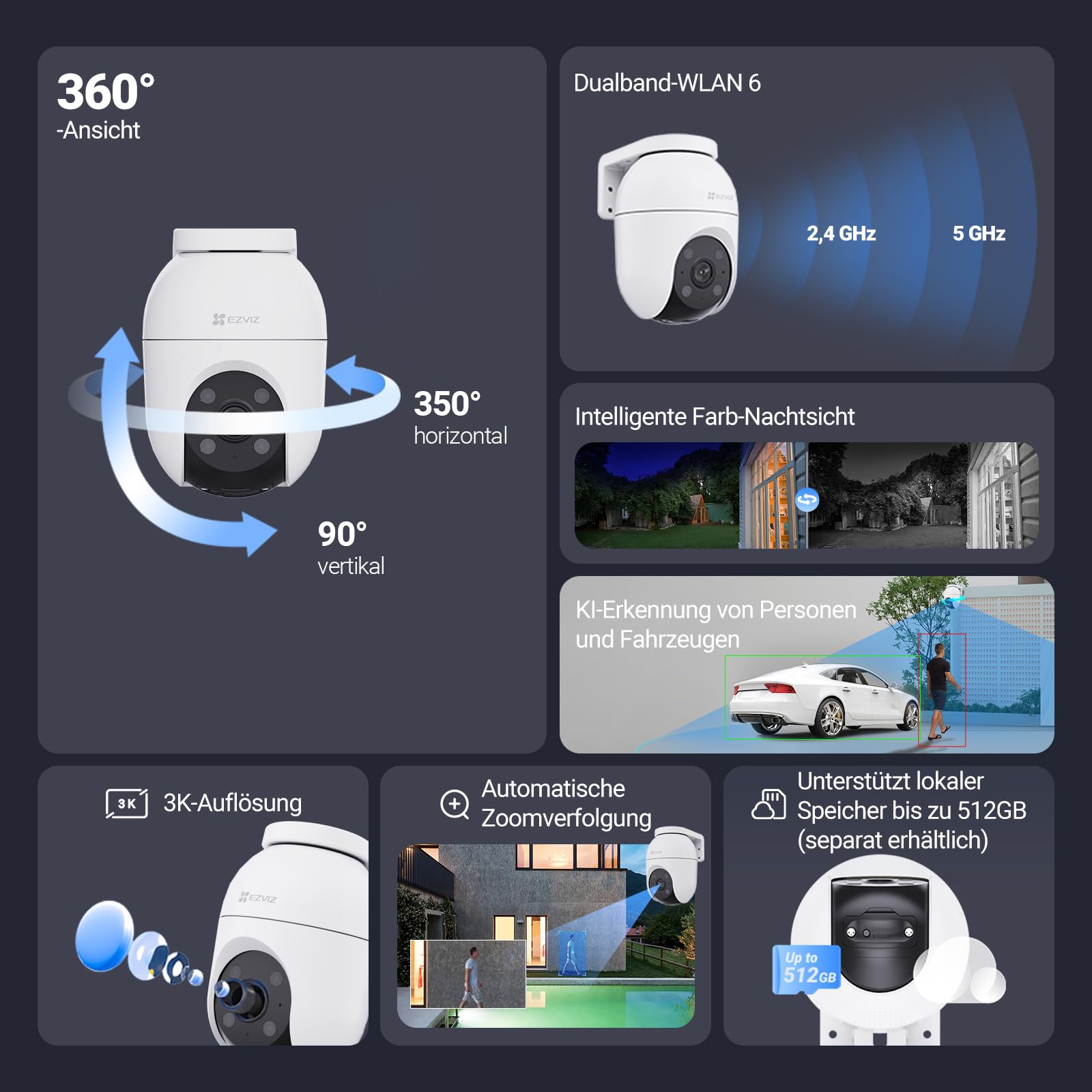 EZVIZ 5MP Pan&Tilt Überwachungskamera Aussen WLAN, 360° PTZ, Personen-/Fahrzeugerkennung, Zwei-Wege-Audio, Automatische Verfolgung, Farbnachtsicht, 2,4/5GHz WLAN 6, Wetterfest, C8c 3K 2er Pack