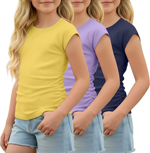 Yooo's Vivi 3 Pack Girls Cap Sleeve T Shirts, 3-Color, 9-10 Years