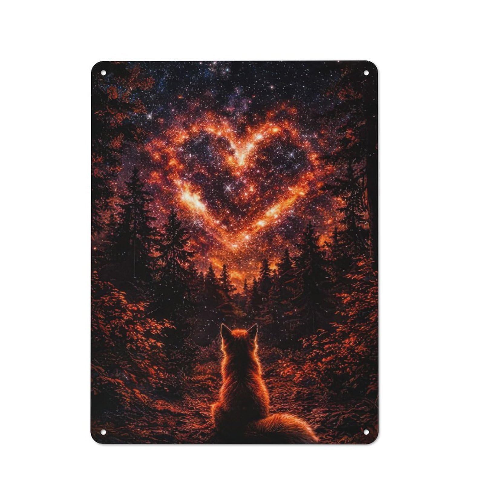 Junmoney Style-11 Tin Wall Plaque 40X30cm With Fox Gazing At Starry Heart In Forest For Home Bar Wall, New-Space Wall Decor For Hosts Who Enjoy Retro Interiors