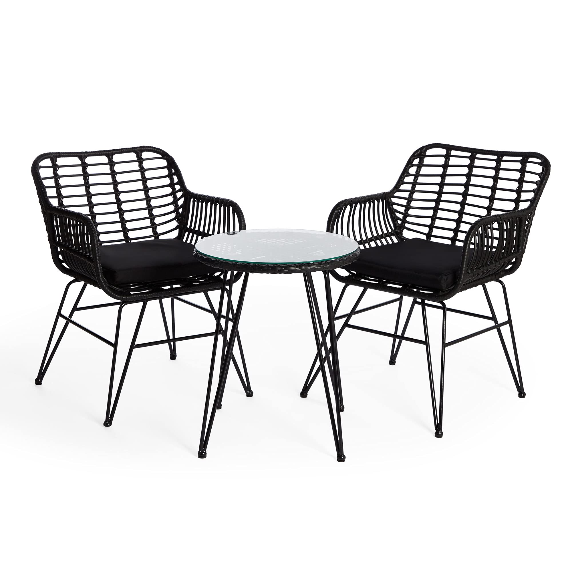 VonHaus Rattan Bistro Set – Made from Weather Resistant Hand Woven Wicker – 2 Chairs, Cushions and Table – Outdoor and Indoor Garden Furniture for Patio, Decking, Balcony, Conservatory – Black