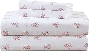 Comfort Spaces 100% Cotton Sheets Queen, Breathable, Naturally Cool Cotton Sheets, Soft Cotton Bed Sheets with 14" Elastic Pocket Fits up to 16" Mattress, All Seasons Sheet Set, Floral Pink 4 Piece