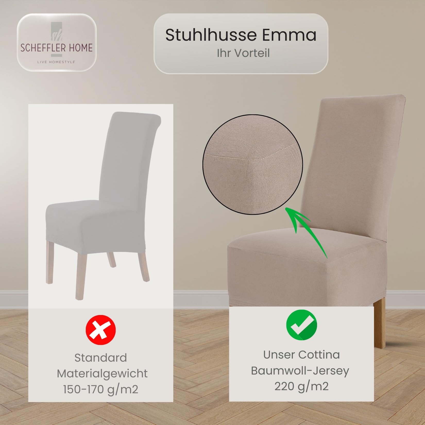 Scheffler Home Stuhlhussen 6er Set Taupe Jersey Baumwolle Emma | Waschbare Stuhlbezüge, Stretch Chair Cover für Hochlehner, Polsterstühle und Esszimmerstühle, Öko-Tex zertifiziert
