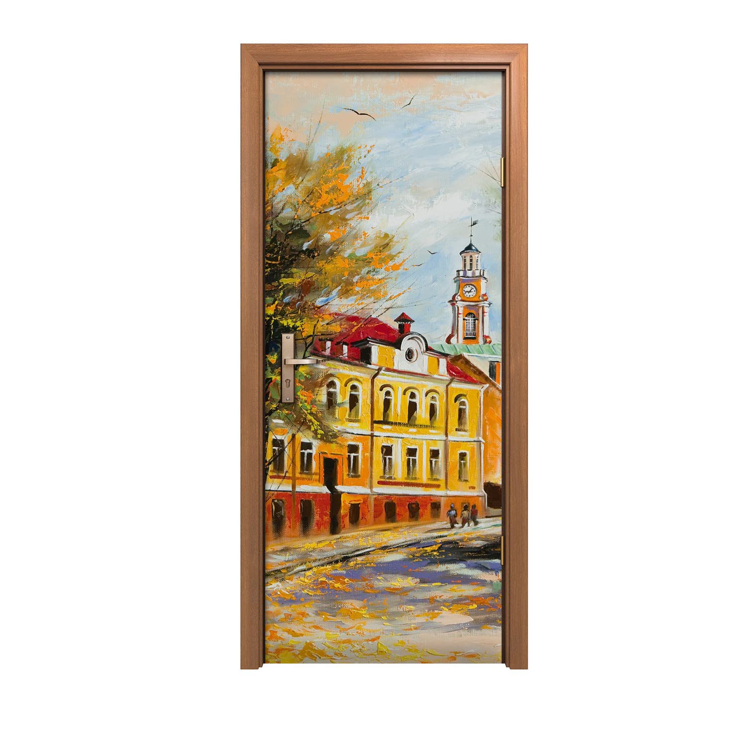 Autocollant de porte design d'interieur paysage automnal pour salon chaleureux
