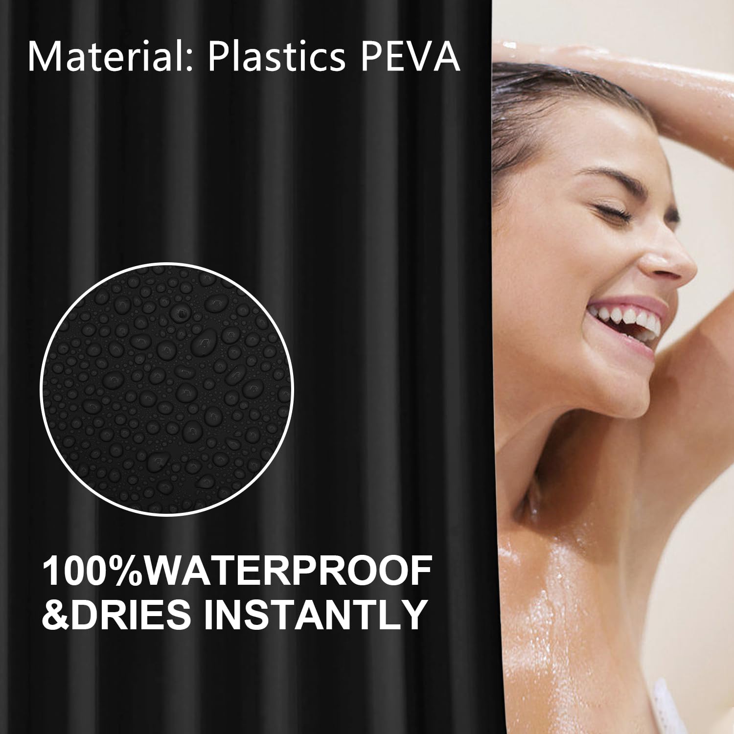 Rideau De Douche Anti-moisissure LUKDUNG 120x200 Cm - PEVA Imperméable, Ourlet Lesté, 8 Anneaux Inclus - Noir