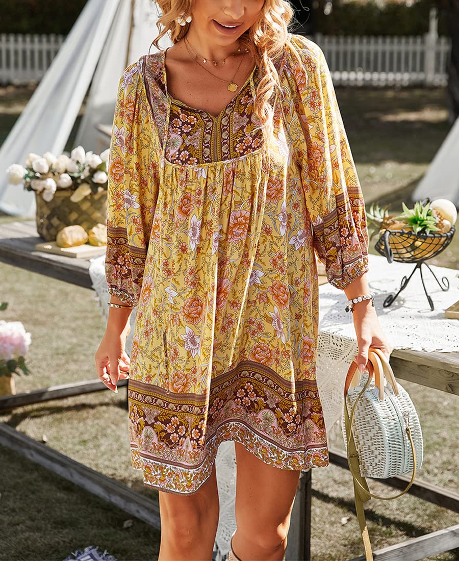Robe d'été courte pour femme - Style bohème - Robe à fleurs - Robe trapèze