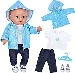 5 Stück Puppenkleidung 35-45 cm, Baby Regen-Oufit mit 1 Blauer Sternenjacke 1 T-Shirt mit Blumenmuster 1 Hose 1 Schuhe 1 Kleiderbüge für 14-18 Zoll Baby Puppen, Kleidung Zubehör Geschenke für Kinder
