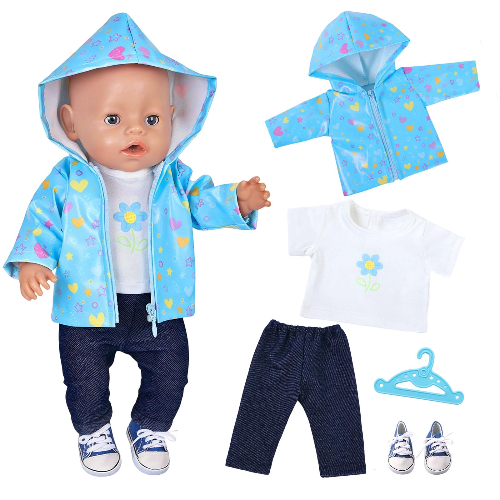 5 Stück Puppenkleidung 35-45 cm, Baby Regen-Oufit mit 1 Blauer Sternenjacke 1 T-Shirt mit Blumenmuster 1 Hose 1 Schuhe 1 Kleiderbüge für 14-18 Zoll Baby Puppen, Kleidung Zubehör Geschenke für Kinder - 1