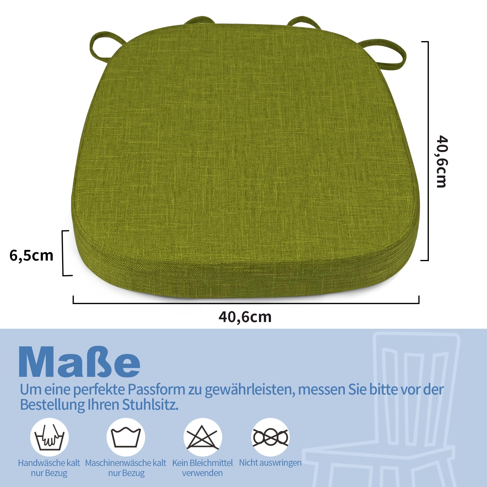 BUYUE Stuhlkissen 6,5 cm dick, U-Form Sitzkissen 40x40 cm mit hochdichtem Schaumstoff, Stoffbezug, rutschfestes Sitzpolster für Küche und Esszimmer (4 Stück, Grasgrün)