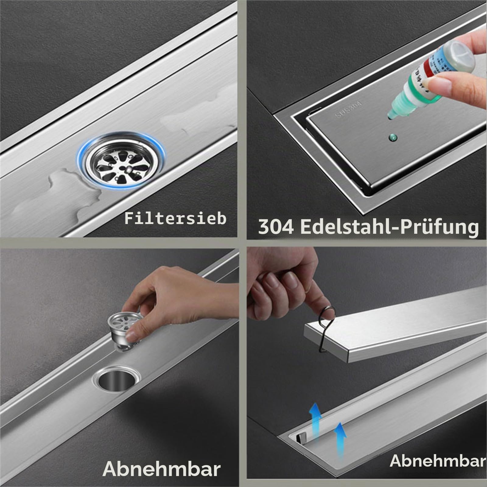 Duschrinne sehr Flach Edelstahl, Bodenablauf Badezimmer Ablaufrinne Duschablauf Duschabfluss mit Unsichtbarem Aussehen for Küche Bad WC Balkon(Size:10x60cm,Color:silbrig)