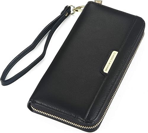 Cartera grande de piel sintética con cremallera alrededor de la cartera de bloque de color, Negro -, Minimalista