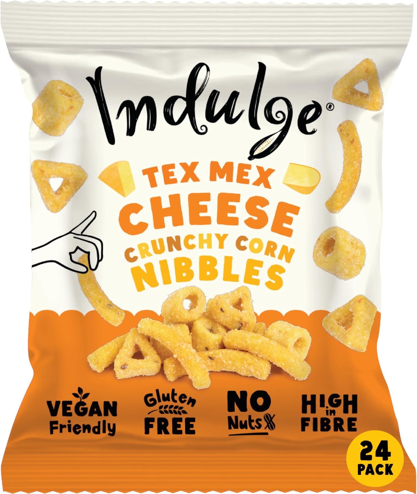 Indulge - Crunchy Corn Nibbles - Tex Mex Cheese Flavour - Gluten Free, Low Salt, Low Fat, Nut Free, Vegan - 20g x 24 bags (20g (Pack of 24), Tex Mex Cheese)