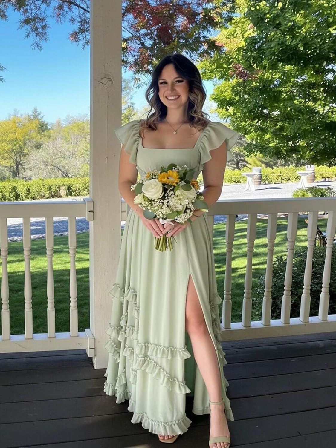 Chiffon Ruffle Bridesmaid Dresses with Sleeves Long Slit Square Neck Formal Dress for Women