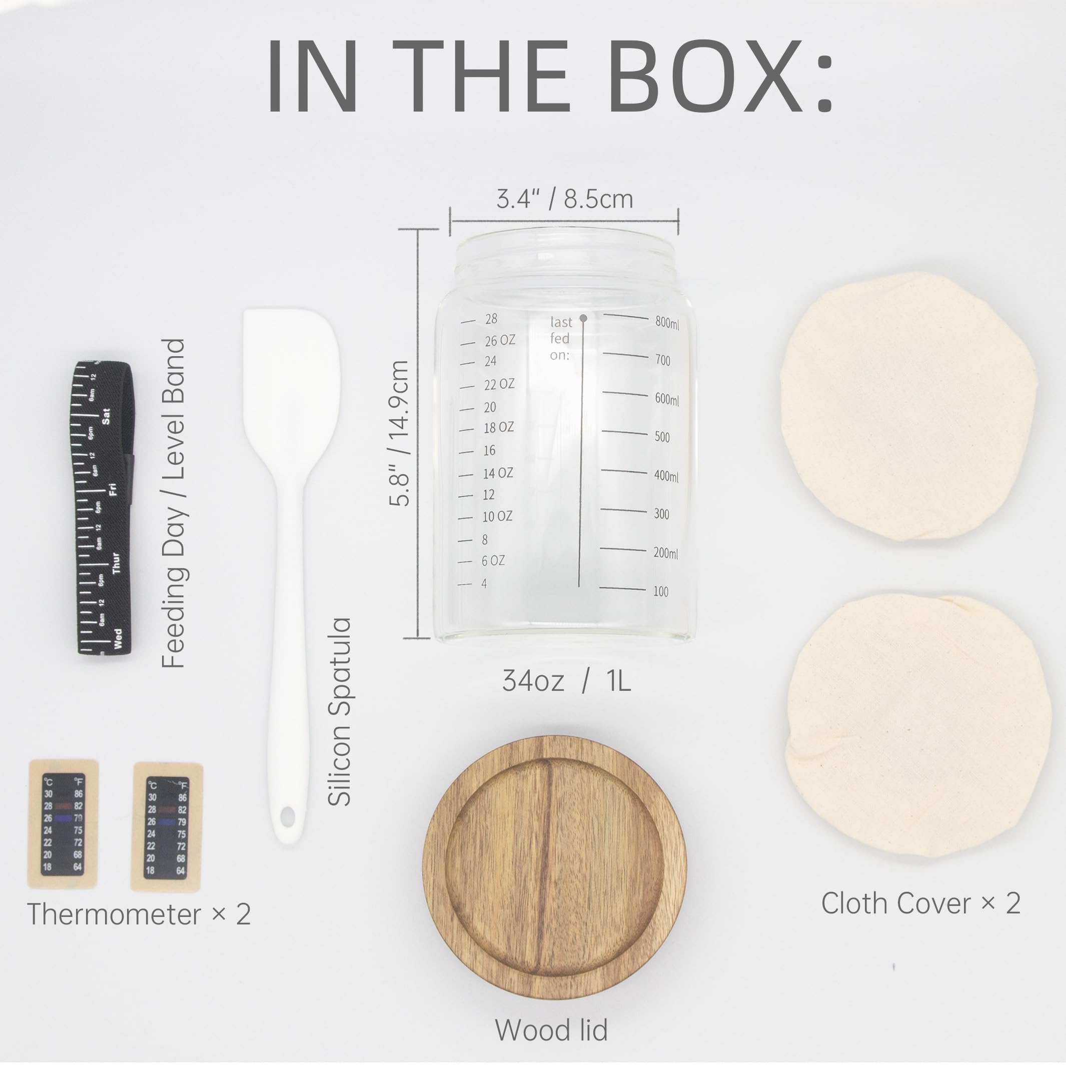 neglex 34oz Sourdough Starter Jar Kit, Glass Container for Sourdough Starter Made Of Borosilicate Glass With Data Marked Feeding Band, Lid, Cloth Cover, Thermometer, Spatula