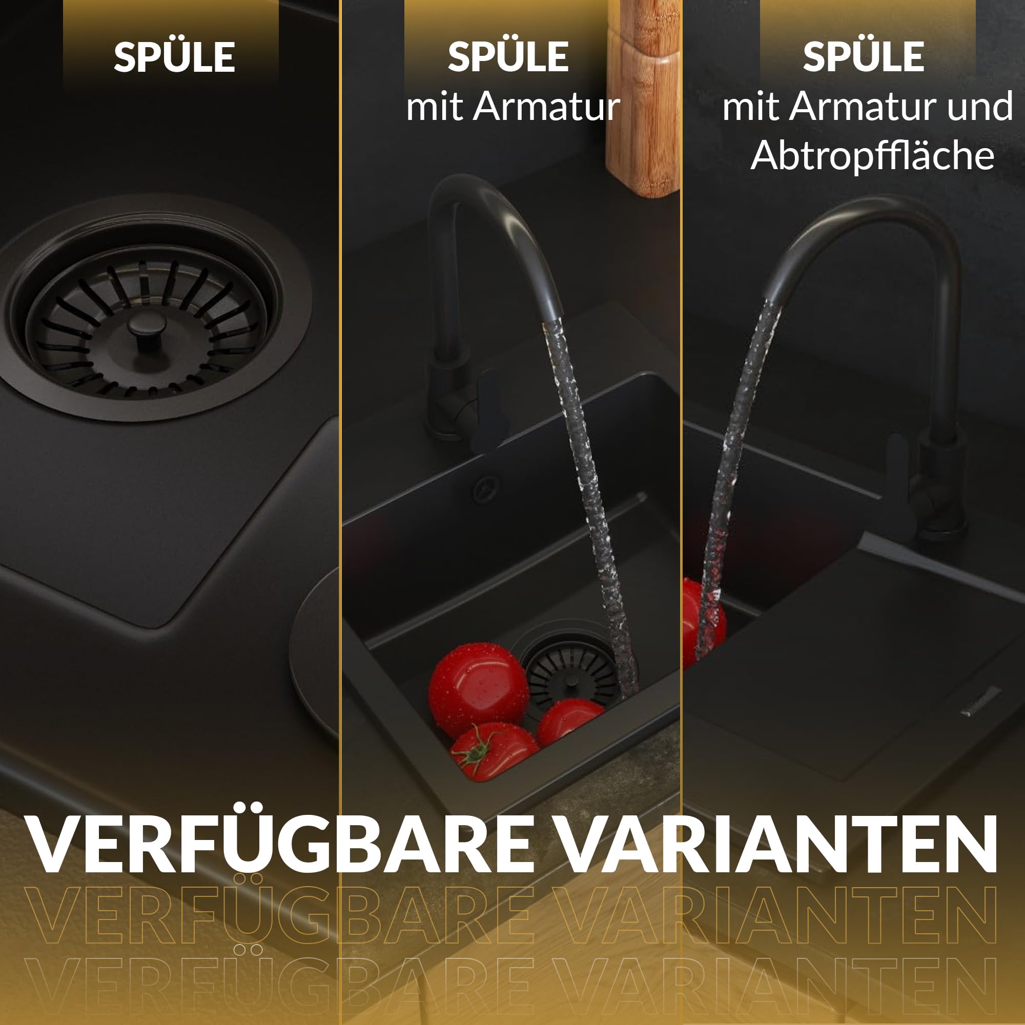 Granitan Spülbecken 44,5x41,5 cm mit Siphon, Granitspüle mit Zwei Löchern | Waschbecken für Küche mit Küchenarmatur, Einbauspüle Milos, Tiefschwarz (auch Schwarz Siphon)
