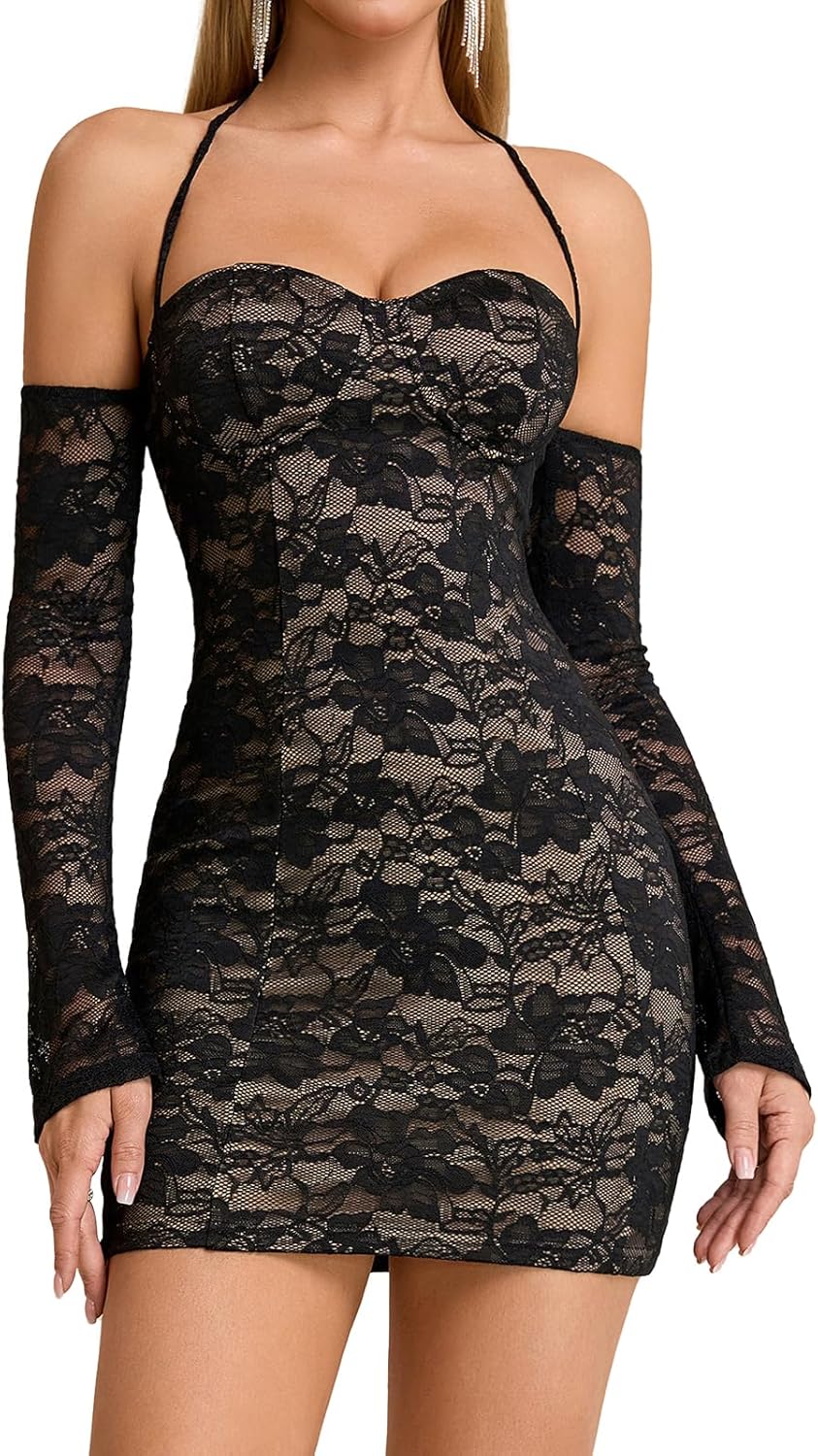 Womens Sexy Lace Mini Dress Long Sleeve Off Shoulder Party Club Night Out Halter Short Dresses