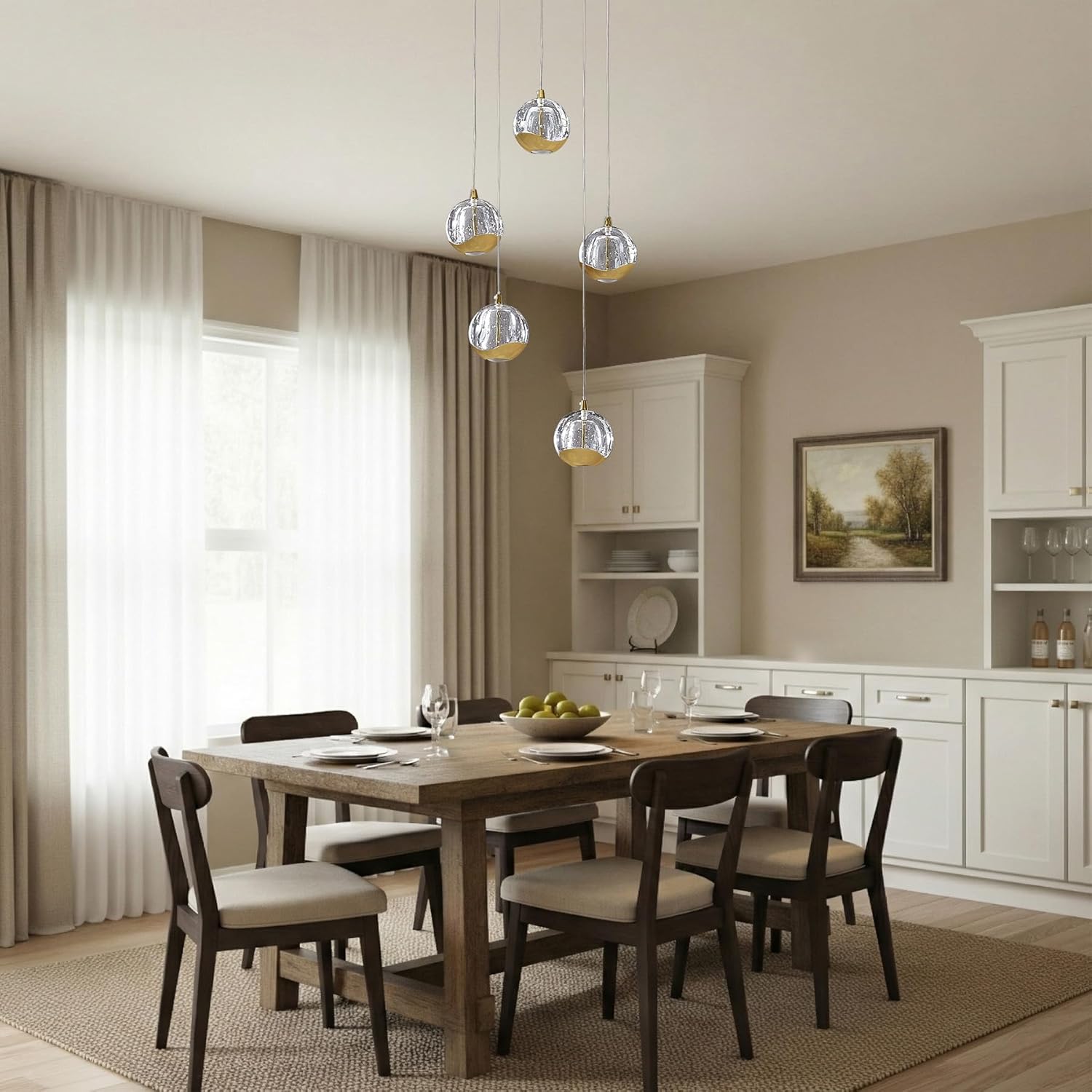 5-Light Modern Gold Glass Globe Chandelier, Hanging Cluster Pendant Light Kitchen Island & Foyer Chandelier, Warm White 3000K, Brushed Gold Pendant Lights Cluster, Ø 11.03 in