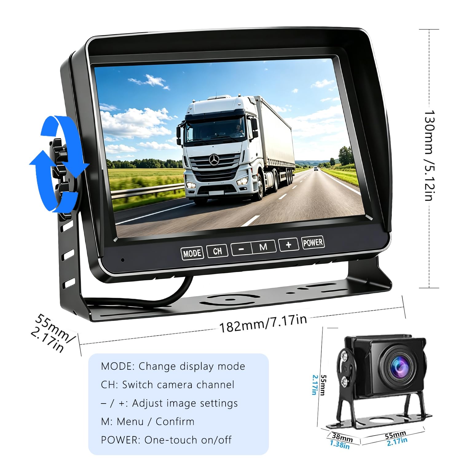 Caméra de Recul Filaire 1080P avec Écran HD 7 Pouces Vision Nocturne Couleur Starlight 12V-24V Caméra Compacte Facile à Installer pour SUV Voiture Camping-Car Camion Van IP69 Étanche Câble 15m