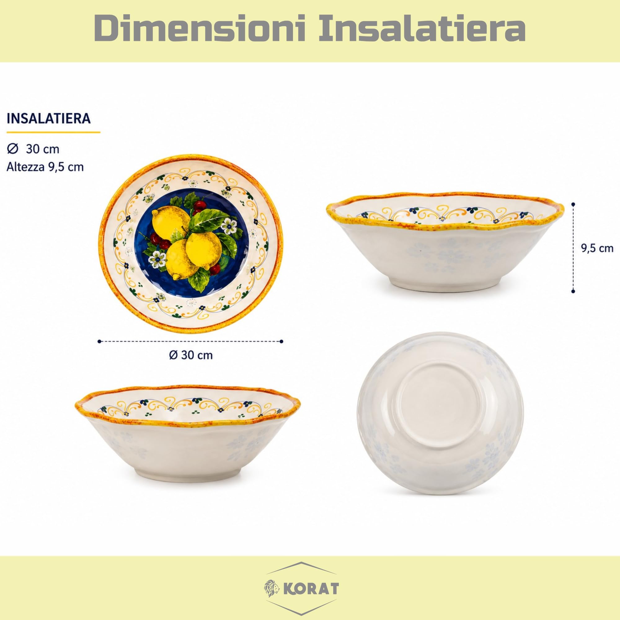KORAT - Set Piatti in Melamina 13 Pezzi Fantasia Limoni Mediterranei, Servizio Tavola per 6 Persone con 6 Piatti Piani 28 cm, 6 Piatti Dessert 22 cm e Insalatiera 30 cm, Leggeri e Resistenti