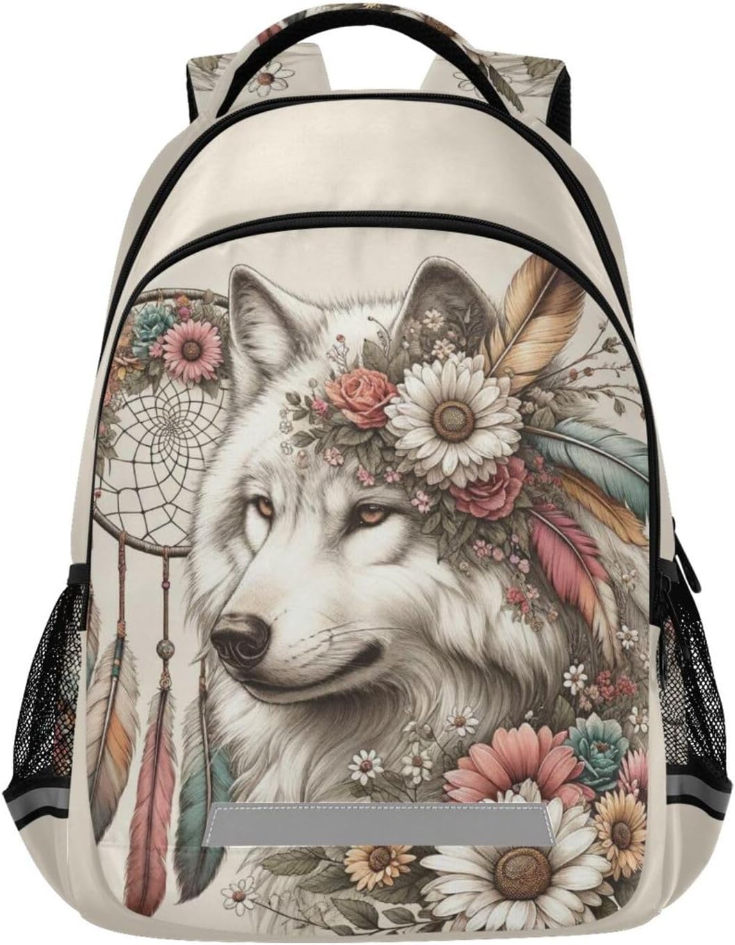 Wolf Backpack for Students Boys Girls Flower Dreamcatcher Wolf School Bag Travel Daypack Rucksack