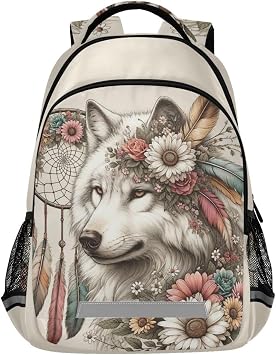Wolf Backpack for Students Boys Girls Flower Dreamcatcher Wolf School Bag Travel Daypack Rucksack