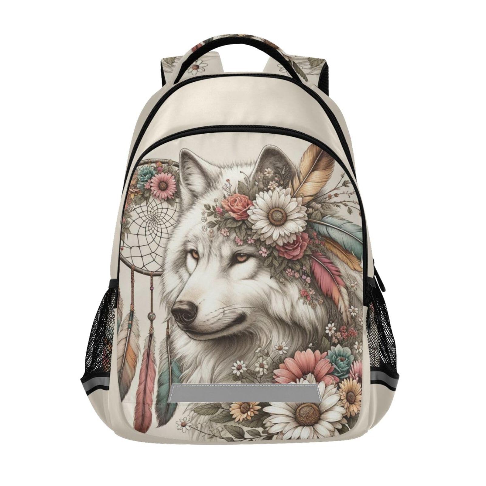 Wolf Backpack for Students Boys Girls Flower Dreamcatcher Wolf School Bag Travel Daypack Rucksack