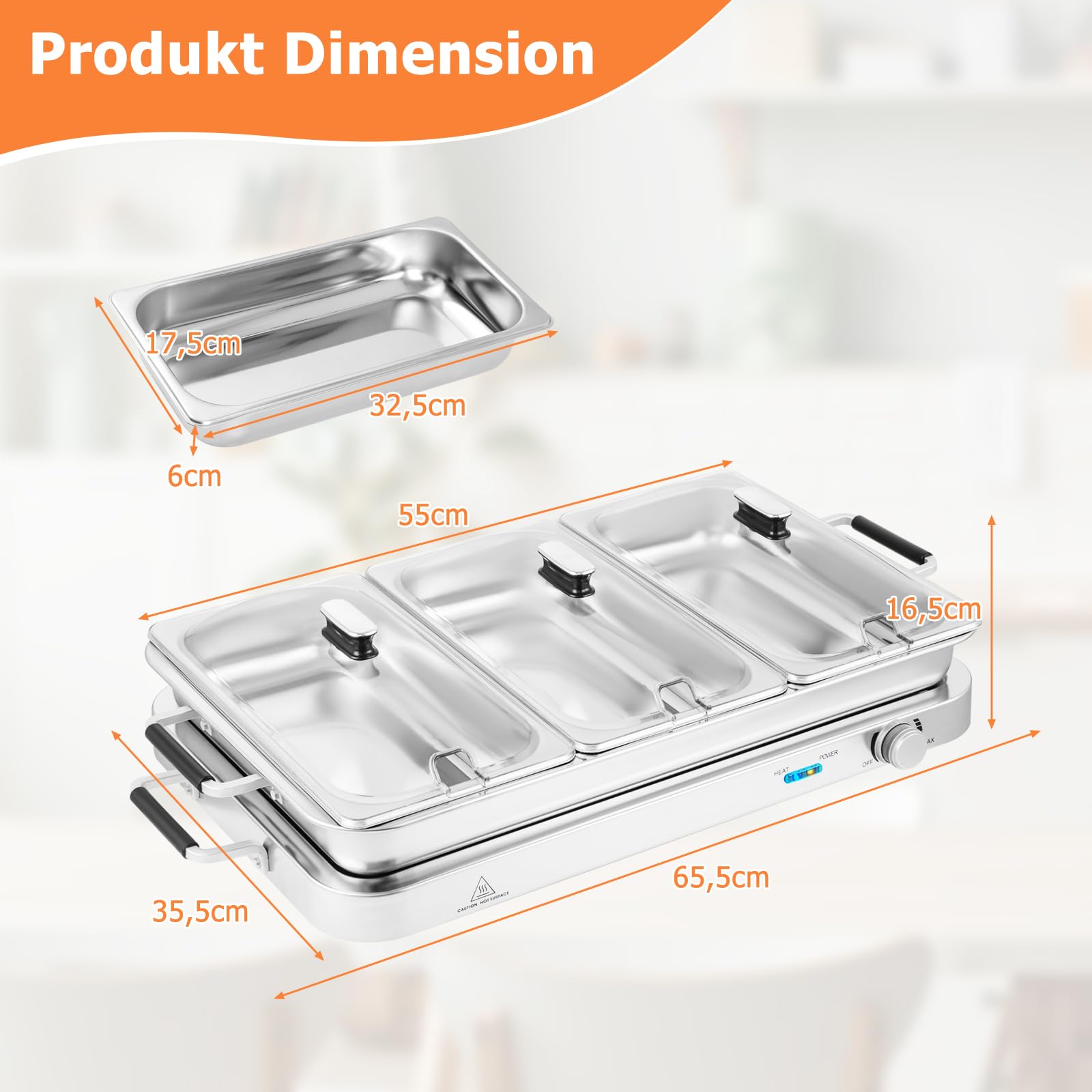 SOARS Warmhaltebehälter elektrisch 450 W, 9L Edelstahl Chafing Dish, 50-150 °C, Buffetwärmer