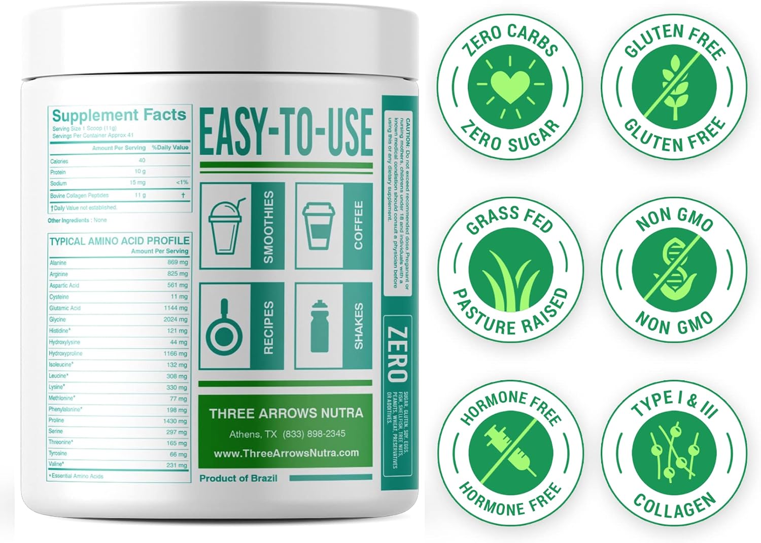 Three Arrows Restore Collagen Peptides - Improve Nutrient Absorption, Reduce Inflammation, Healthy Hair Growth, Improve Wound Healing, Grass Fed, Hydrolyzed, Unflavored Protein Powder 41 Servings