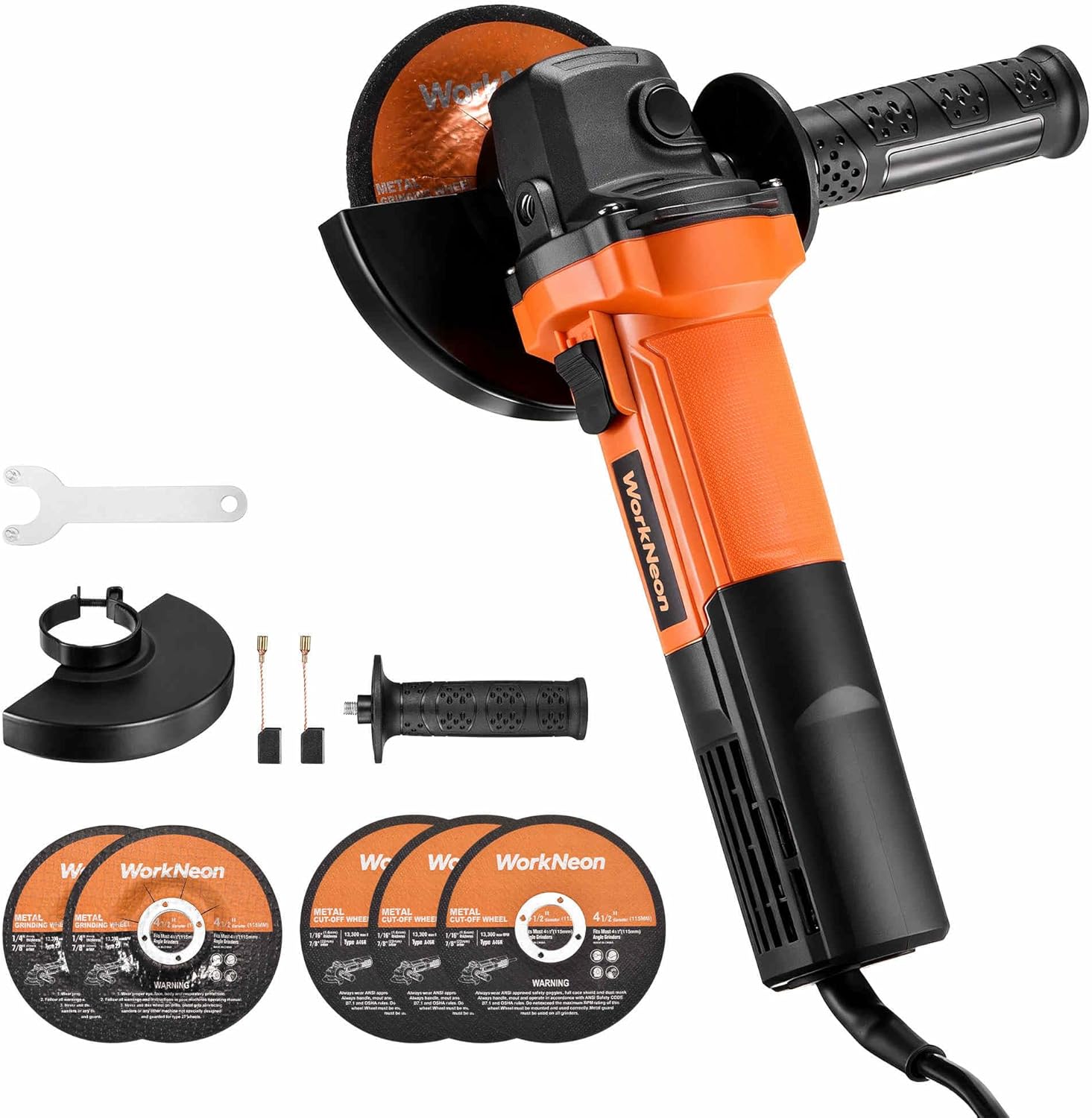 4-1/2 Inch Angle Grinder, 850W 11000RPM High Torque Electric Grinder Tool with Auxiliary Handle, 5pcs Wheels Attachments for Metal Cutting, Polishing & Rust Removal, Slide Switch
