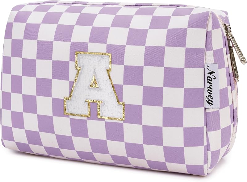 Necessaire de maquiagem Narwey com inicial, estampa xadrez roxa, 1 unidade