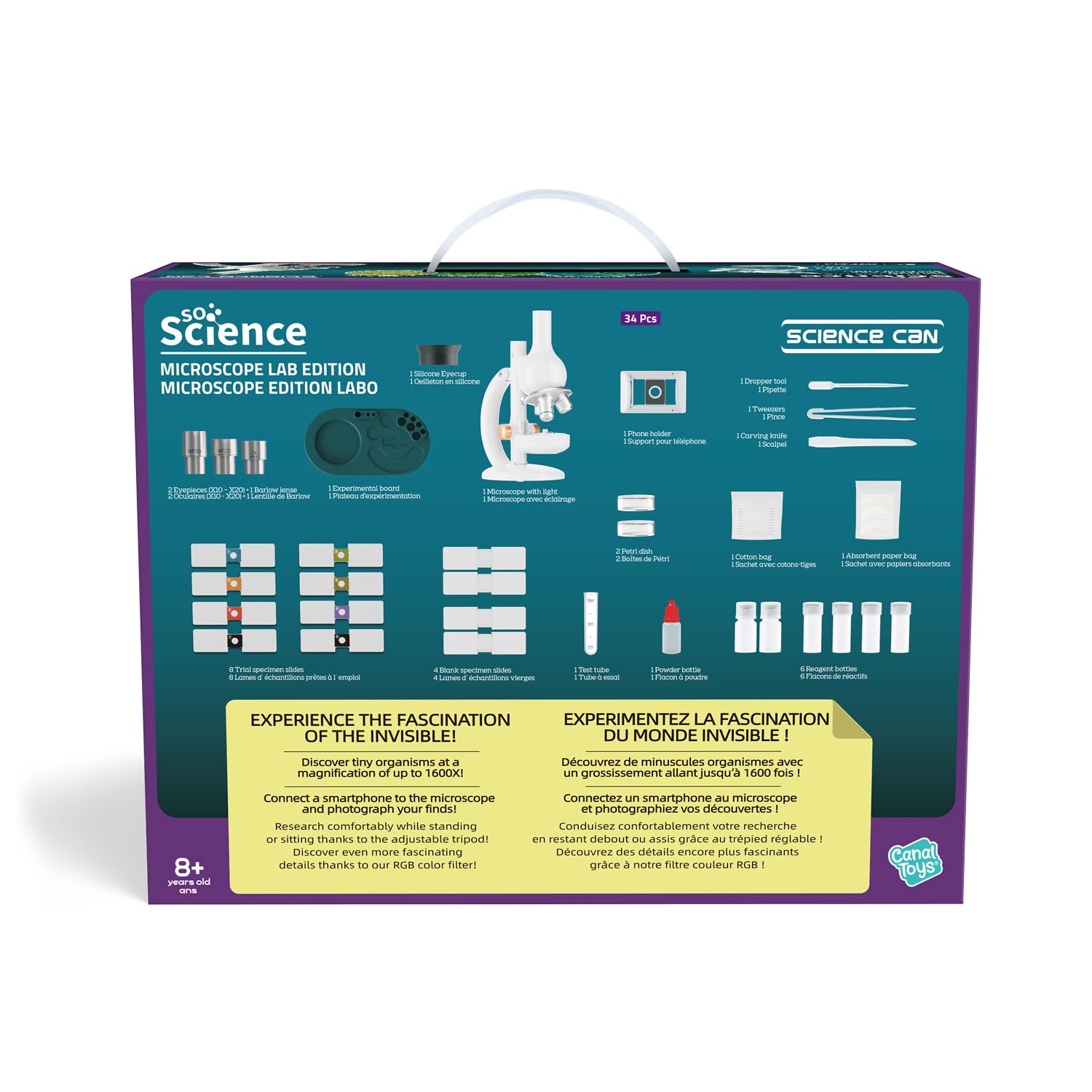 C Toys - So Science – Mikroskop für Kinder ab 8 Jahren – Zoom 100 x bis 1600 x – Smartphone-Halterung – 12 Klingen und Zubehör – Lern- und Wissenschaftliches STEM-Set – FR/EN – COS 004FR