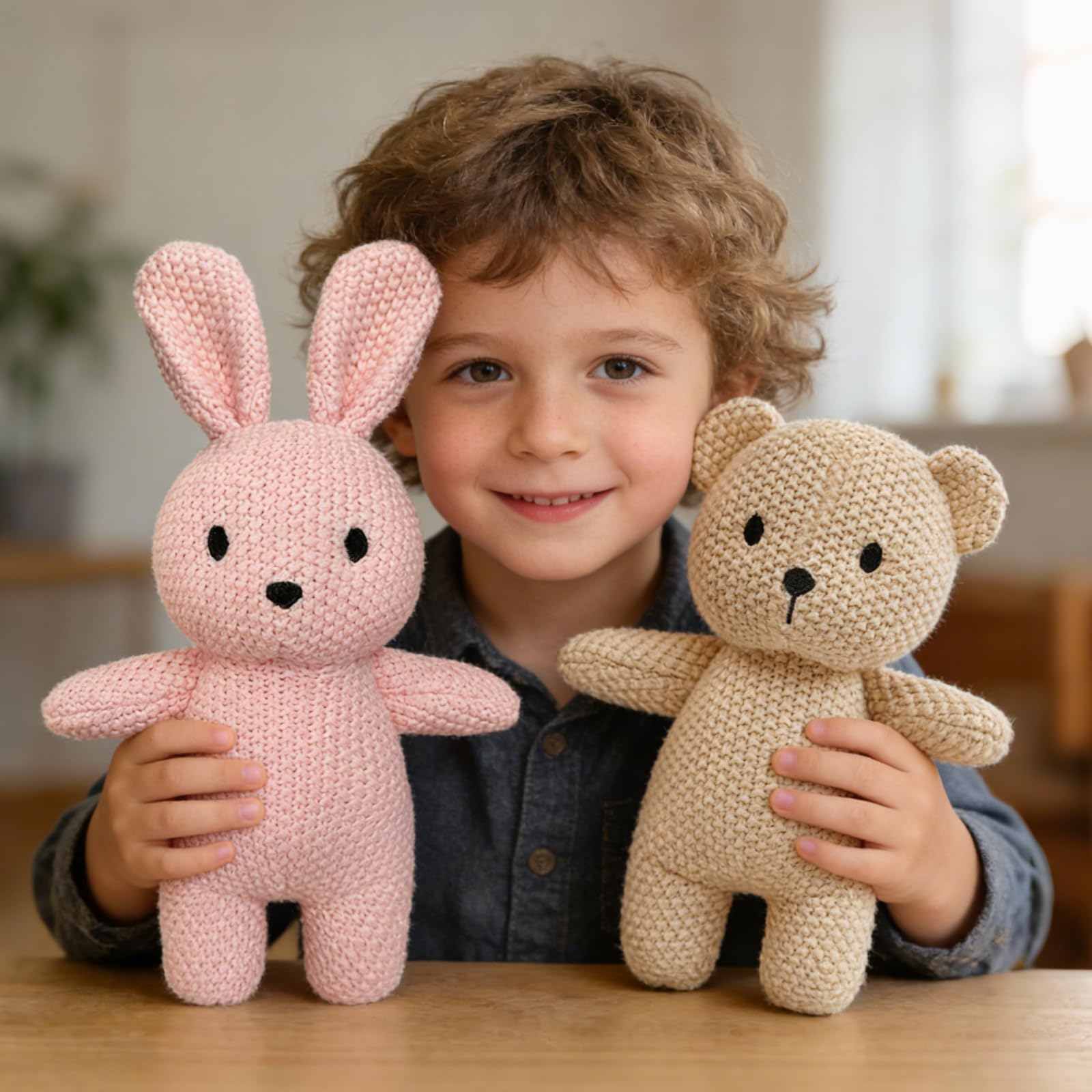 2 Pack 100% Baumwolle Baby Plüsch Stofftiere Niedlich Kaninchen und Teddybär Gestrickte Plüschtier Geschenke für Kinder und Neugeborene, Handgemachte Häkelpuppe für Weihnachten, Ostern (Hase