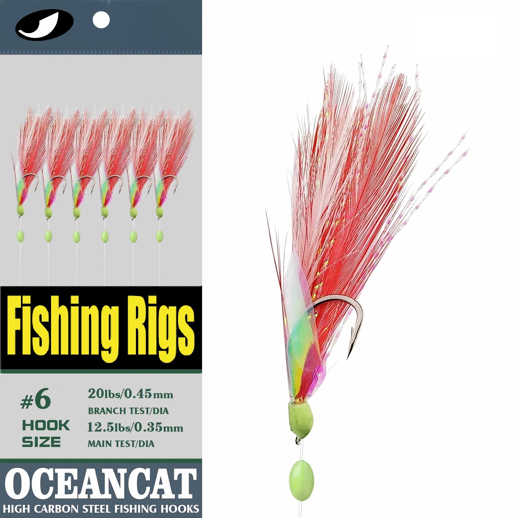 OceanCat 10 paquetes de 6 anzuelos de pesca de agua salada con plumas blancas y rojas, anzuelo de pesca de agua dulce, anzuelo para pesca 2/0#1/0#1#2#6#8#10#, 5#, Rojo