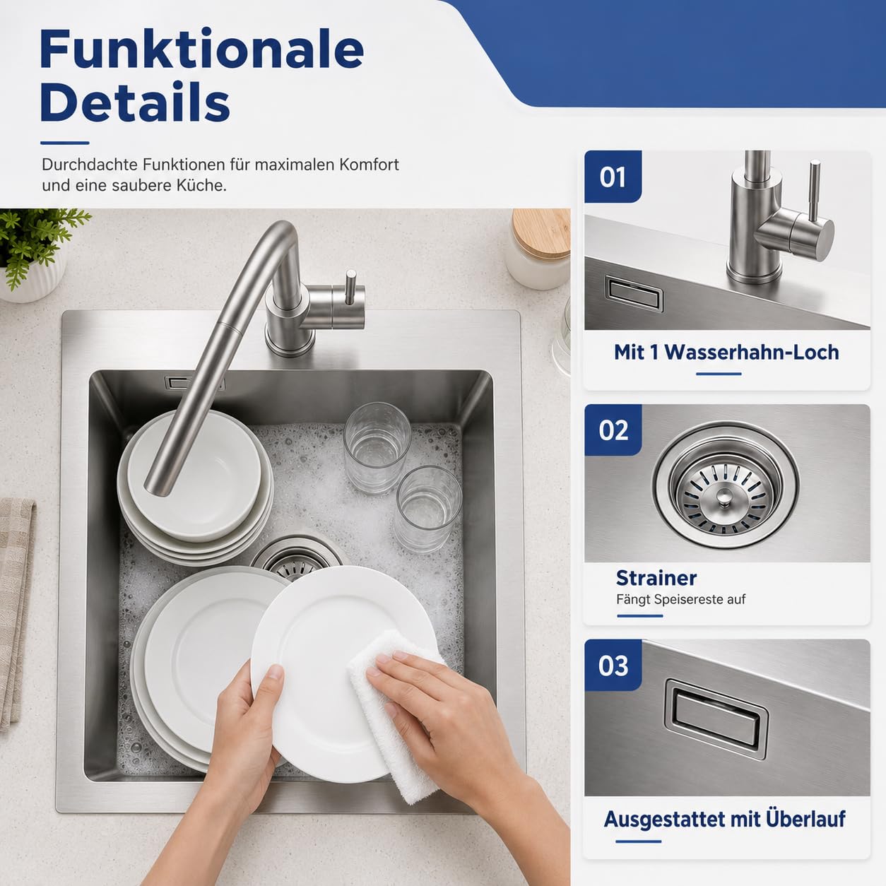 BONADE Spülbecken Edelstahl 40 x 34 cm, 1 Becken Küchenspüle Rechteckig, Moderne Küchenspüle mit Edelstahl Waschbecken, Siphon & Ausgussbecken, Stabil und Langlebig, Leicht zu Reinigen