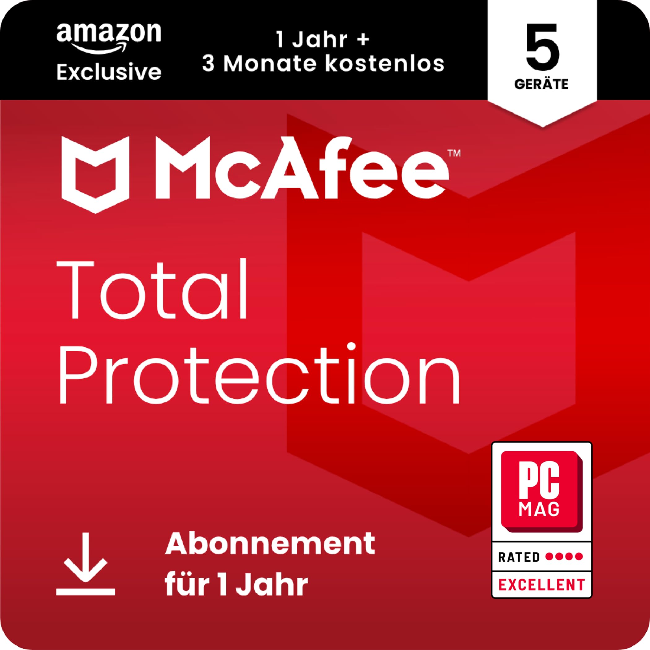 McAfee Total Protection 2026 (5 Geräte), 15 Monate Amazon Exklusiv | Virenschutz, VPN, Betrugsschutz, Sicherheitssoftware, Identitätsüberwachung | Abonnement mit automatischer Verlängerung | Download