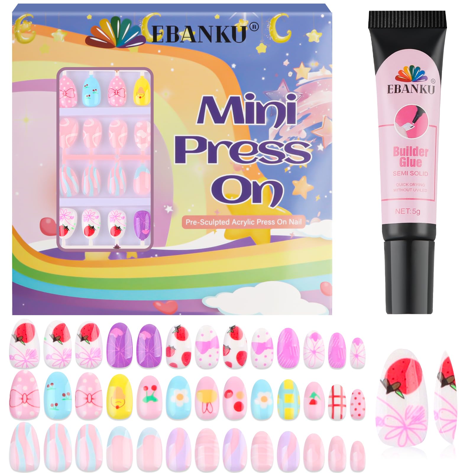 78PCS Kinder drücken auf Nägel, EBANKU 3 Pack Kinder Fake-Nagel-Kit Vollabdeckung Kurze Falsche Fingernägel mit Nagelkleber für Mädchen Nageldekoration (Fliege-Erdbeeren)