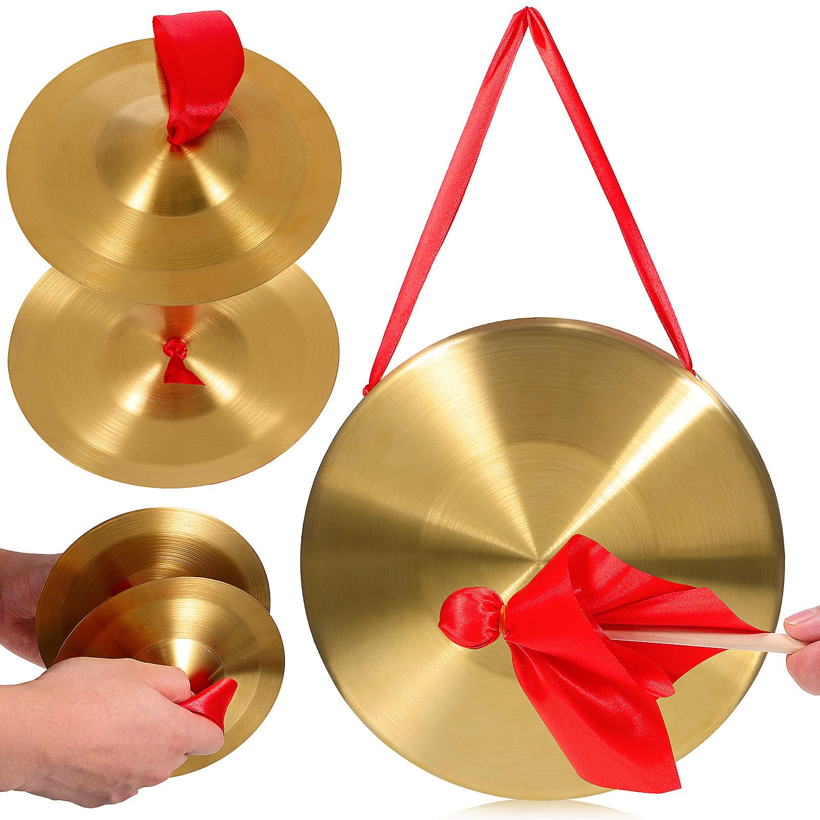 GARVALON Gong Chinois 22 Cm Maillet Paire de Cymbales en Cuivre 15 Cm, Instrument de Percussion à Main pour Orchestre, Musique Traditionnelle et Instrument de Gong D’avertissement