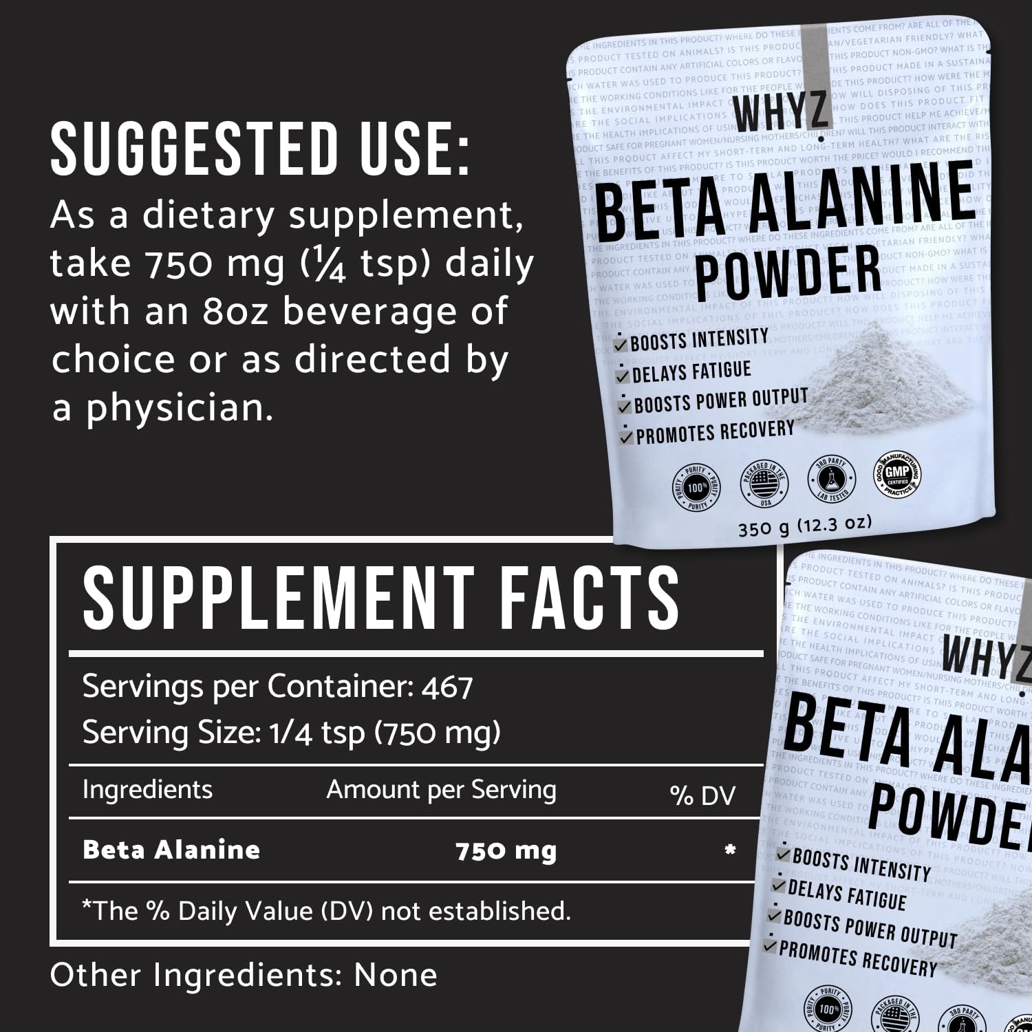 WHYZ Beta Alanine Powder 350g, Pure Beta Alanine Pre-Workout Supplement for Sustained Energy for Men and Women, Alanine Supplement for Endurance, 467 Servings - Image 4
