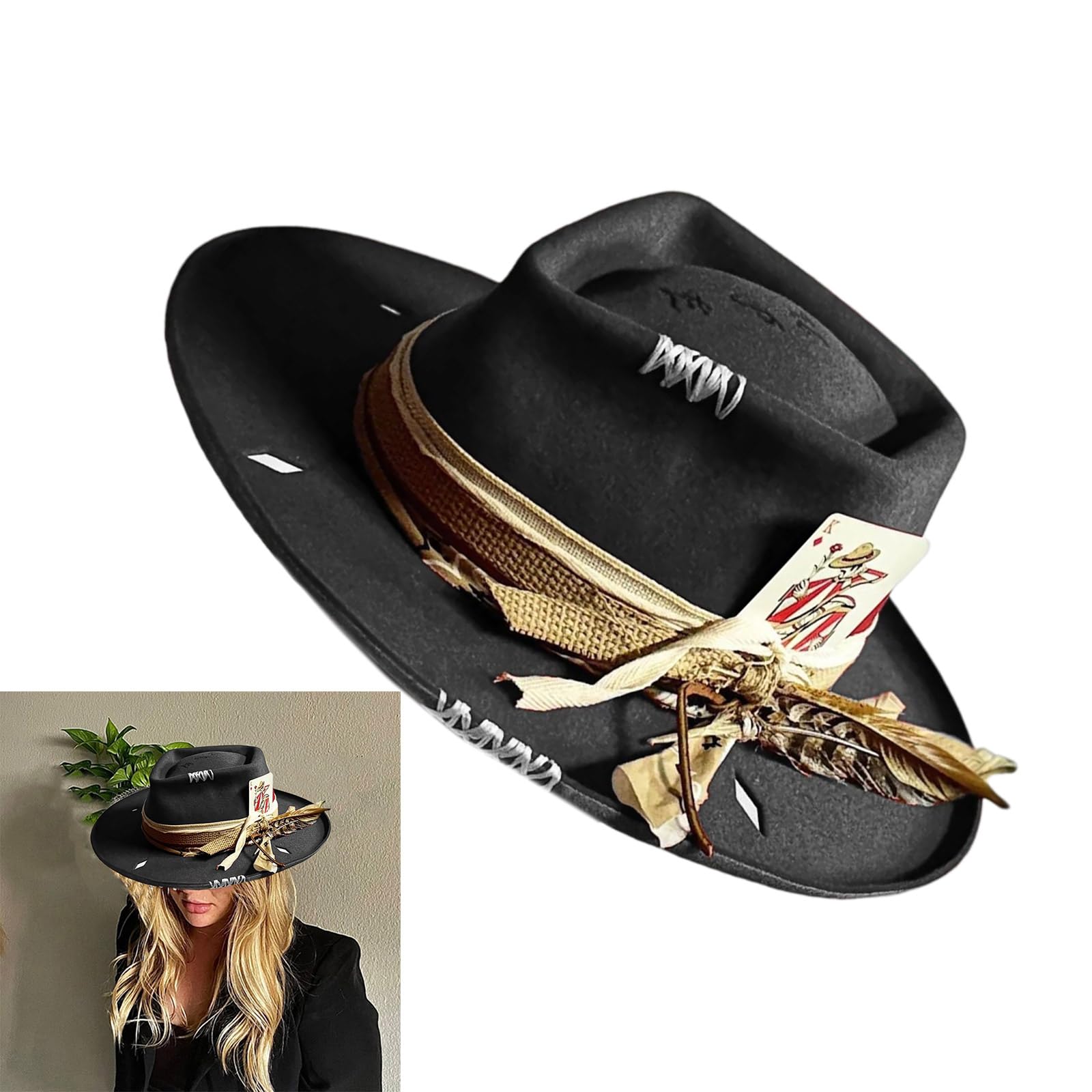 XZQYDS Vintage Wool Hat with Woven Belt - Distressed Panama Hat - Cosplay Costume - Unisex Adult - R