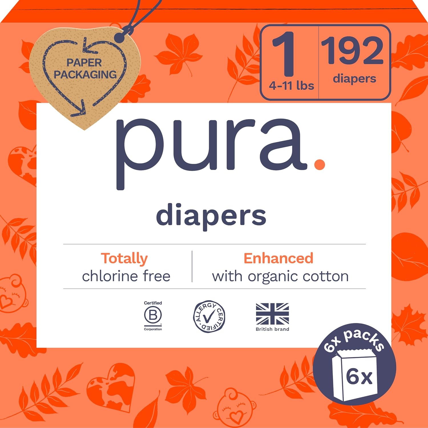 Pura Size 1 Eco-Friendly Diapers (4-11lbs) Hypoallergenic, Soft Organic Cotton Comfort, Sustainable, Wetness Indicator, Allergy UK, Newborn, Bulk Buy, 6 Packs of 32 (192 Baby Diapers) Size 1 (192 Diapers)