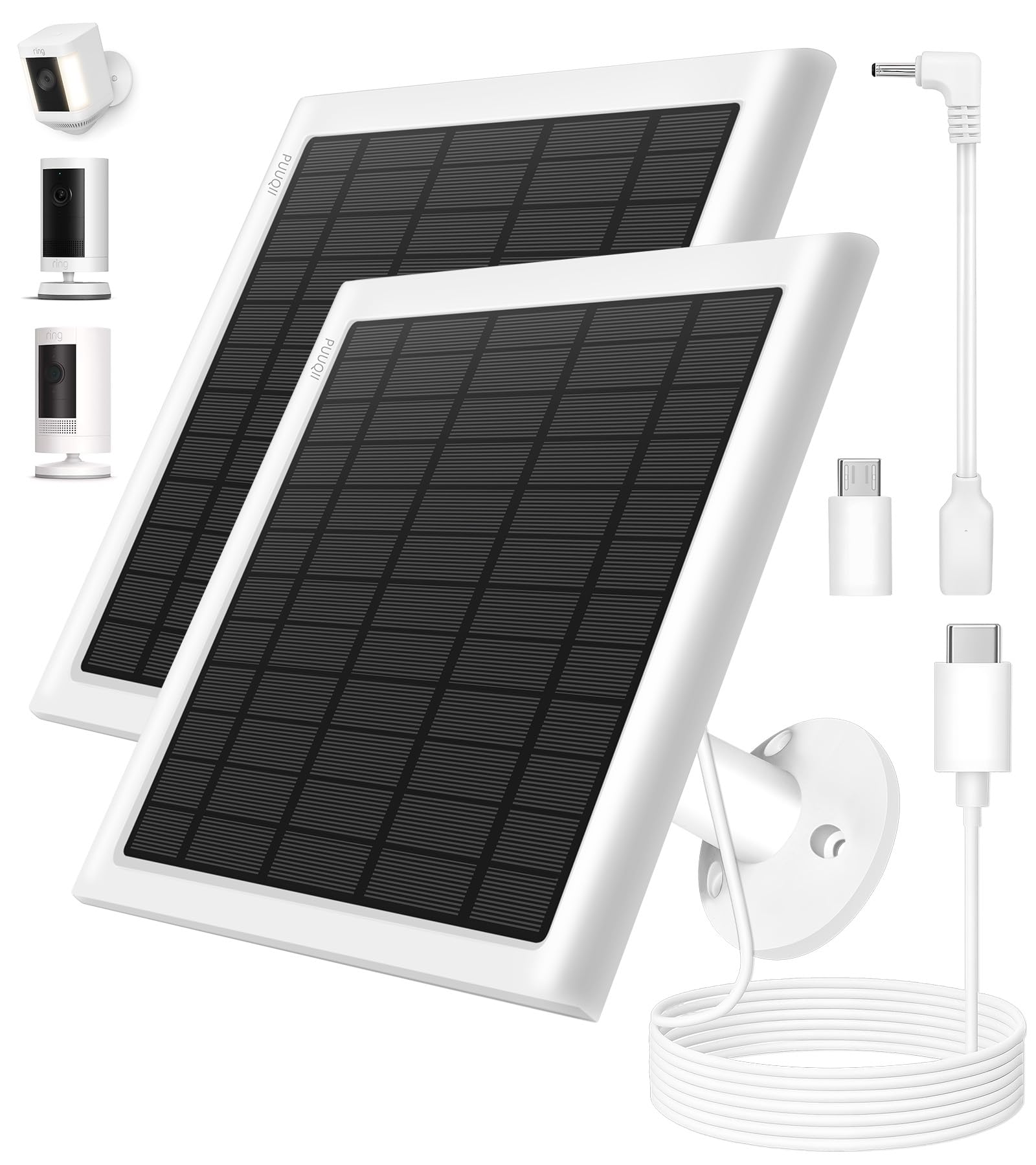 Panel słoneczny do kamery pierścieniowej, 2 sztuki, ładowarka do paneli słonecznych 8 W, kompatybilna z akumulatorem Ring Stick Up Cam, bateria Spotlight Cam, zawiera wtyczkę baryłkową na adapter