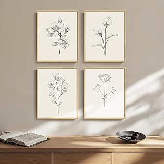 Framed Botanical Wall Art for Bathroom, Set of 4 Neutral Minimalist Beig...